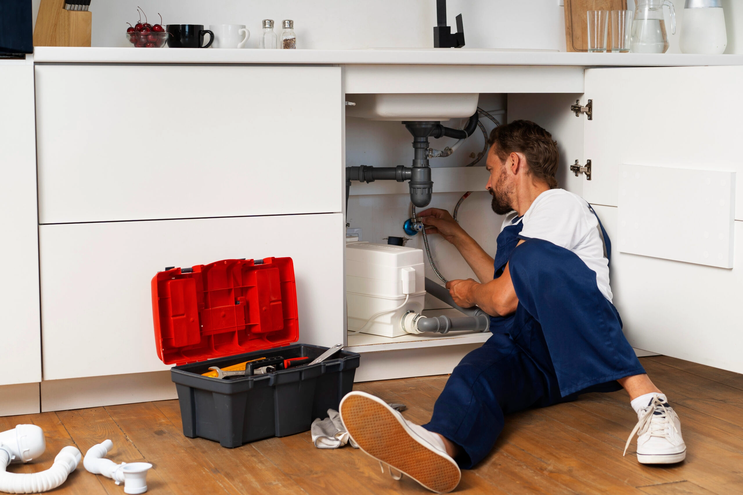 Plumber repairing a burst pipe under a kitchen sink to help minimize water damage during an emergency repair in DFW.