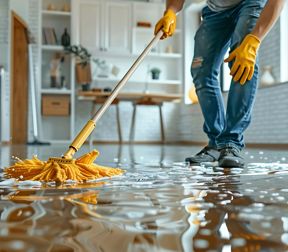 Person in yellow gloves mopping standing water off a flooded floor in a home