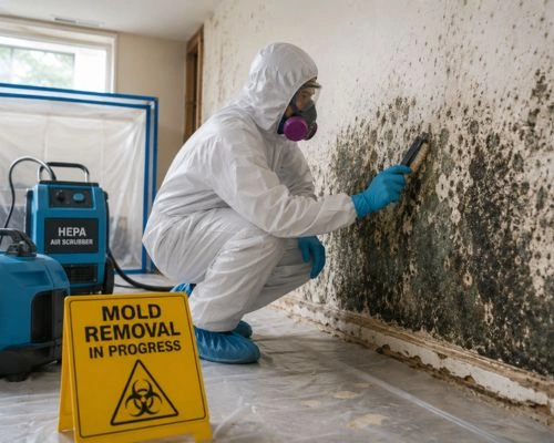 Worker in full protective suit and respirator treating a mold-covered wall, with a HEPA air scrubber and a "Mold Removal in Progress" biohazard sign nearby.