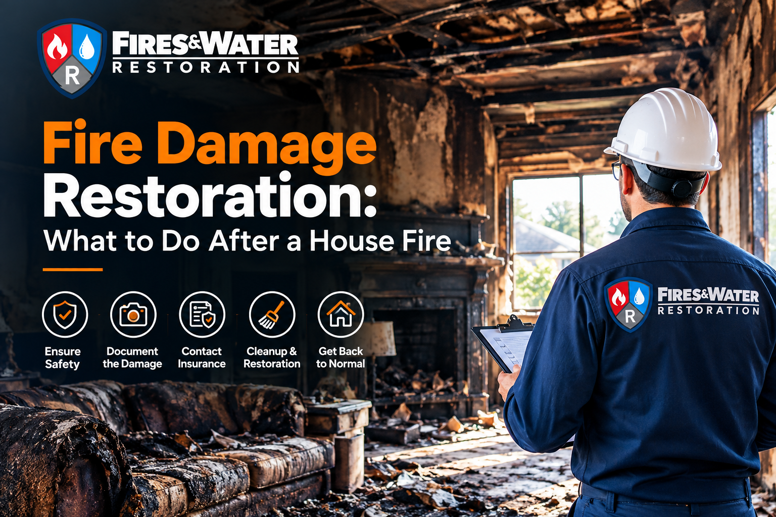 Fire damage restoration professional inspecting a fire-damaged home after a house fire