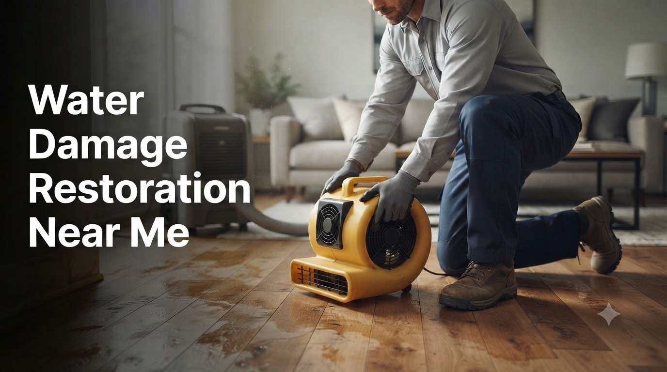 Water damage restoration technician setting up drying equipment in a flooded living room